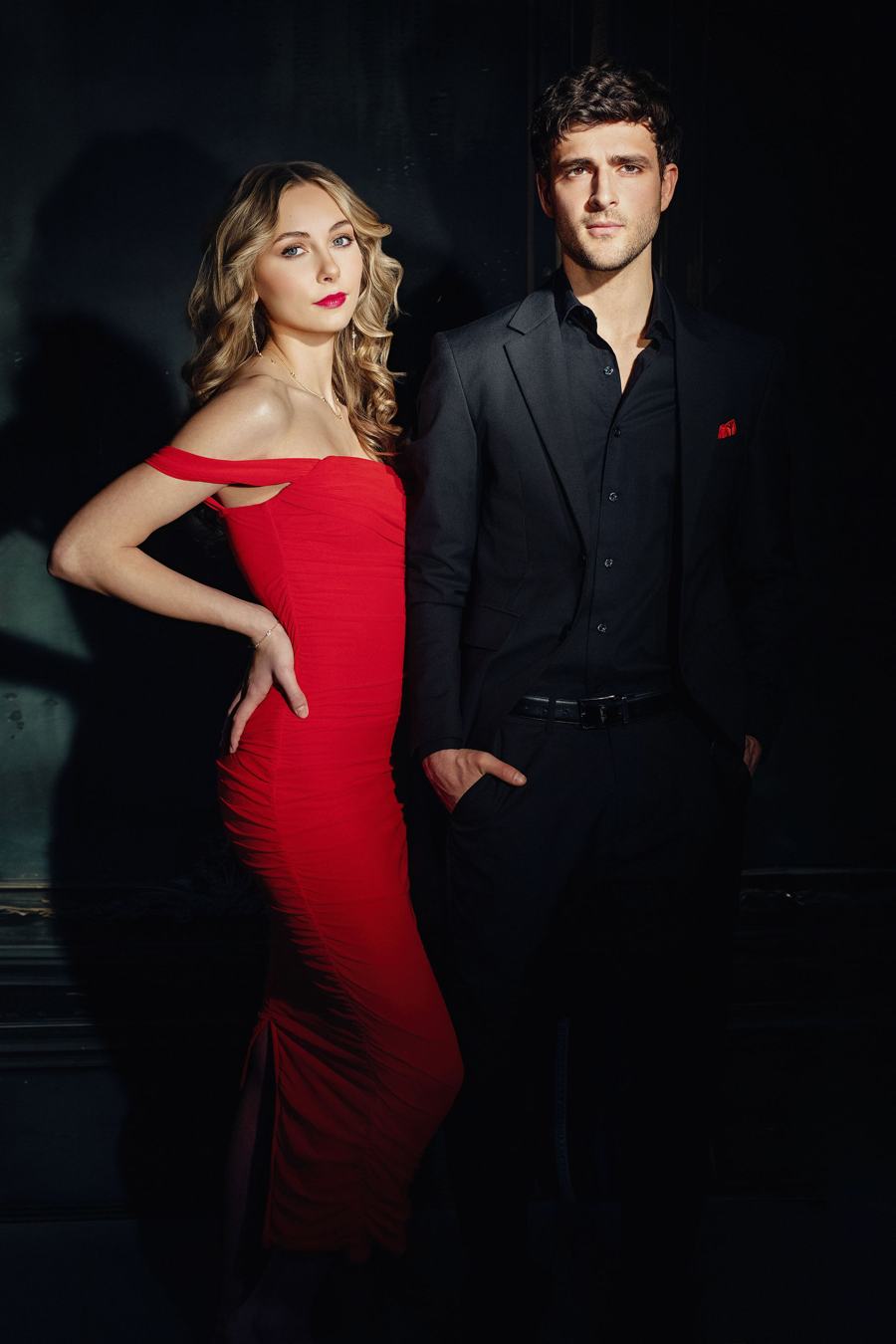 Couple in red and black — styling by Kim Steele