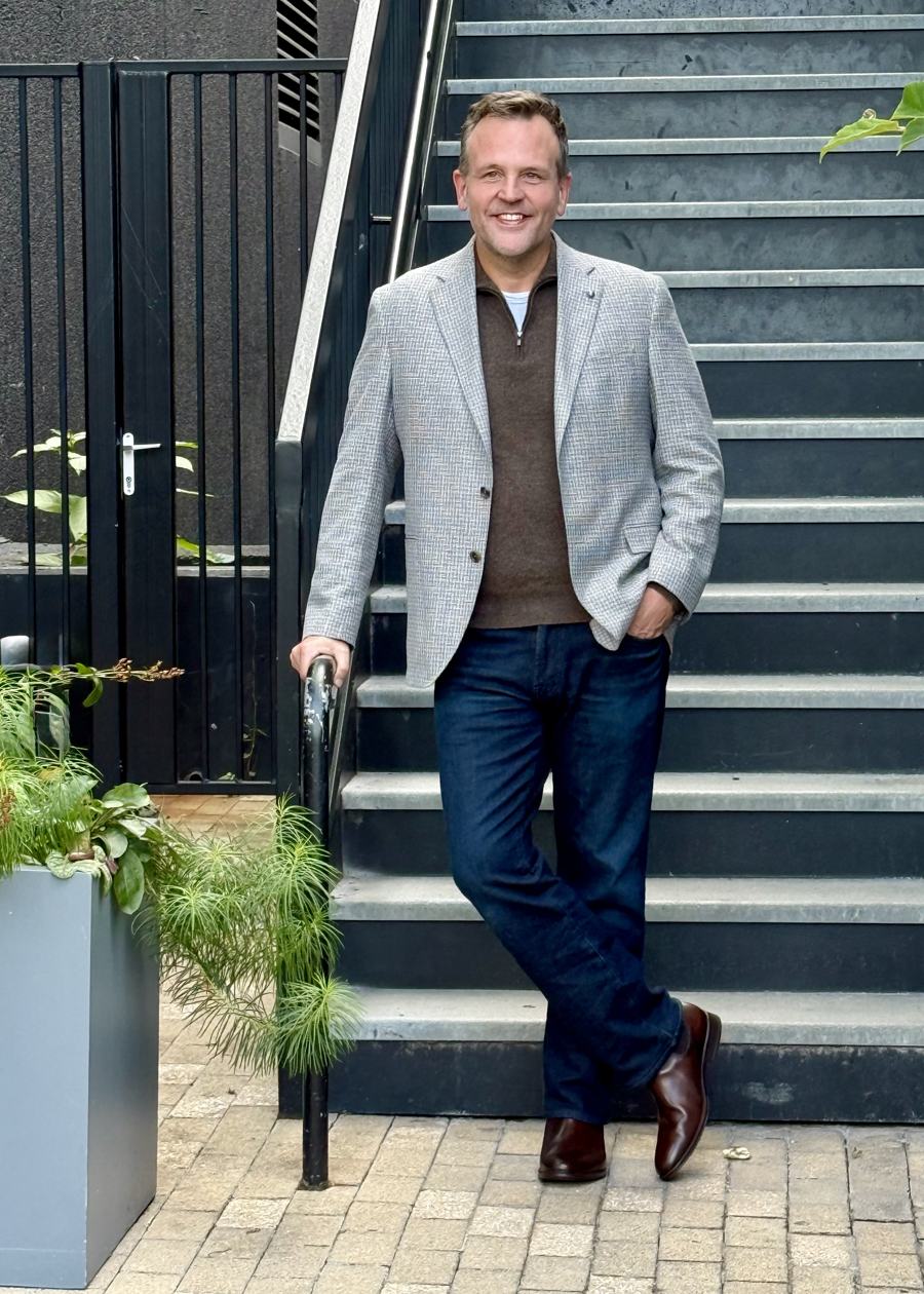 Client in styled smart-casual look — wardrobe styling by Kim Steele