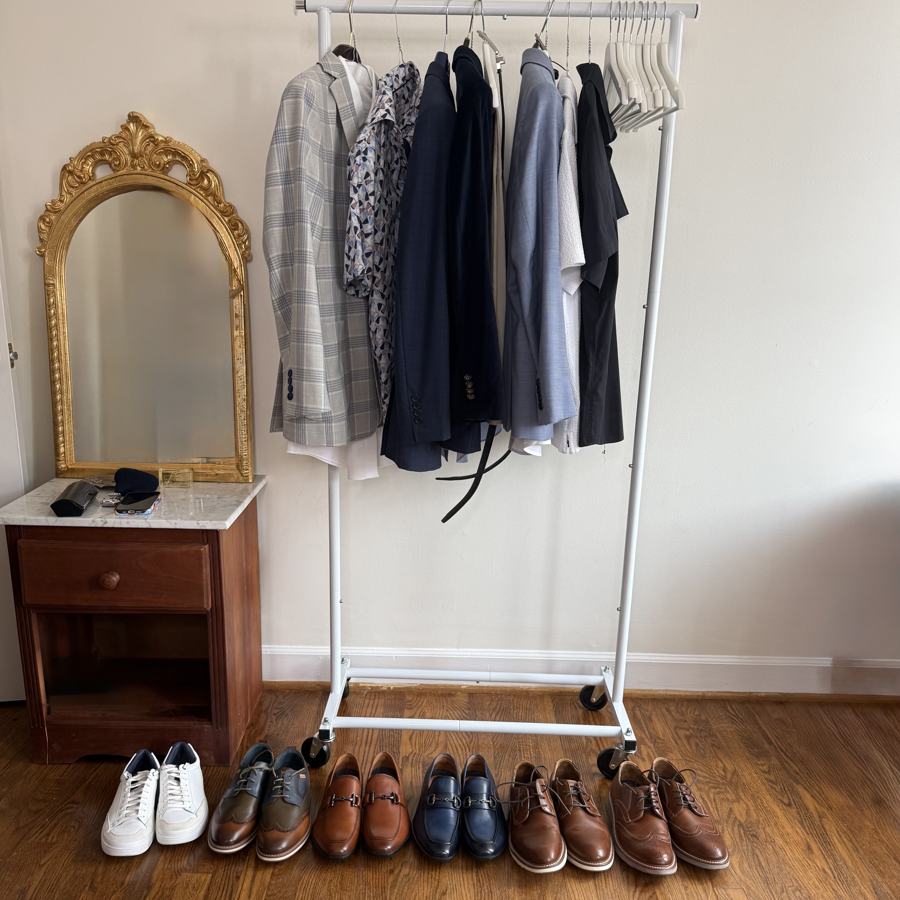 Menswear rack pull with shoes — wardrobe styling by Kim Steele