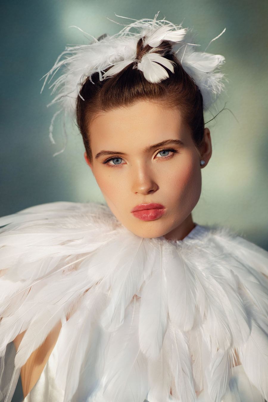 Feathered beauty portrait — hair and makeup by Kim Steele